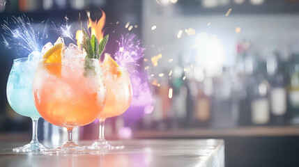 Festive cocktails on a bar with a sparkler effect, perfect for advertising party drinks and vibrant celebrations with a lively background