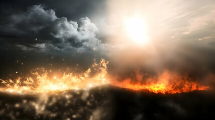 Fiery Inferno Intense flames consume a landscape under a dramatic sky. Concept for climate change, global warming, or natural disaster images