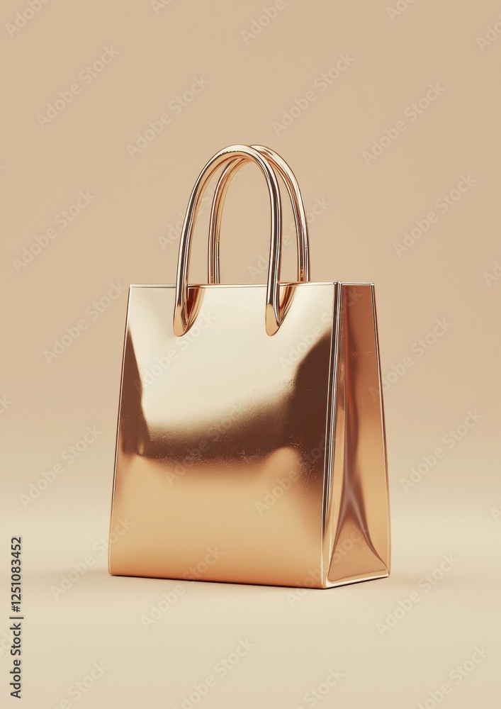 Poster 3d rendering of a metallic gold tote bag. the bag has a rectangular shape with two handles on either