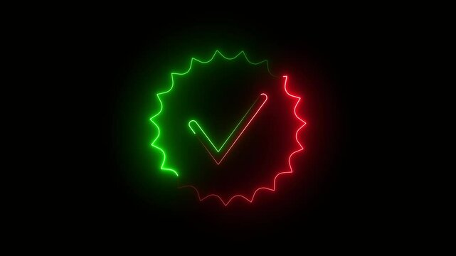 Neon red and green Profile verification blue check mark icon. Alpha channel. Social media check mark 4k footage