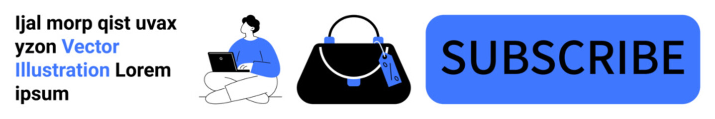 Woman sitting with laptop, minimalist handbag graphic, bold Subscribe button. Ideal for e-commerce, subscription services, online shopping, marketing, engagement, digital sales flat landing page