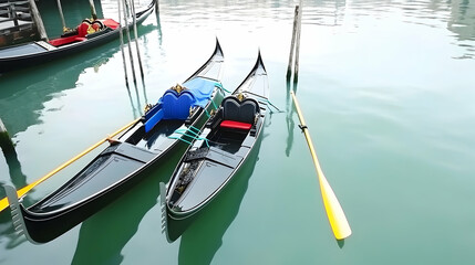 Obraz premium Gondolas line a Venice canal, their reflections shimmering in the clear water, evoking romantic travels for couples
