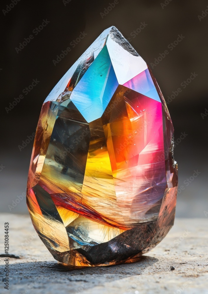 Poster Close-up of a large, faceted gemstone. the gemstone is in the shape of a teardrop, with a pointed top and a smooth surface.