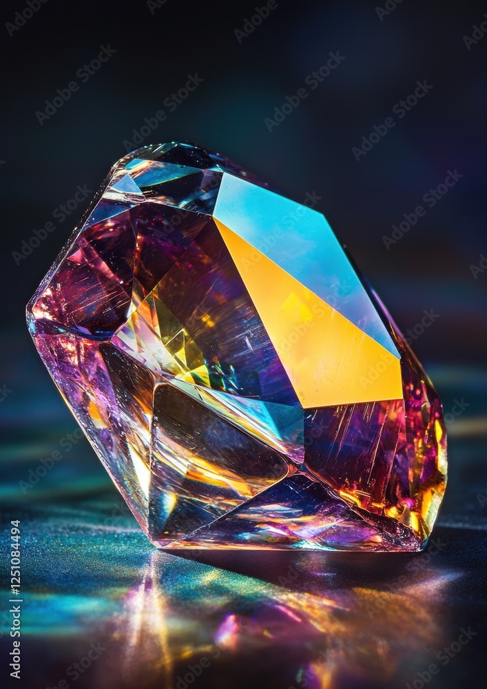 Poster close-up of a large, faceted gemstone. the gemstone is in the shape of a diamond, with a pointed top