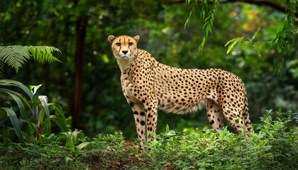 a cheetah is standing in a forest looking directly at the camera the scene is serene and tranquil with the cheetah s gaze focused on the viewer the forest is lush and green with plenty of foliage