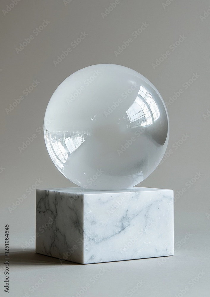 Aufkleber photograph of a spherical object on a white marble base. the object appears to be made of a shiny, r