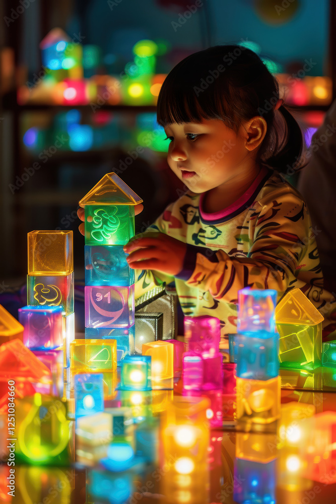 Aufkleber child creativity with colorful blocks and brain activity patterns for educational design