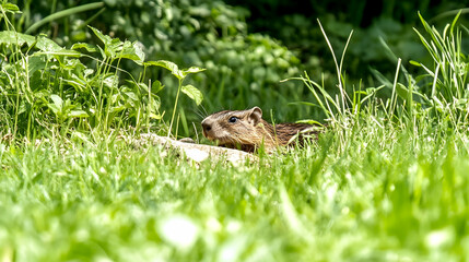 Obraz premium Groundhog peering out of a hole in a grassy field; nature scene for wildlife articles, education, conservation