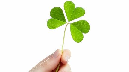 Hand holding a vibrant green four-leaf clover against a pristine white background, symbolizing luck, hope, or a botanical illustration