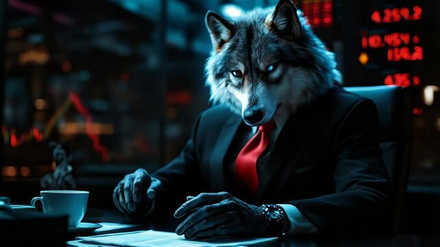 Wolfheaded businessman analyzing stock market charts in modern office
