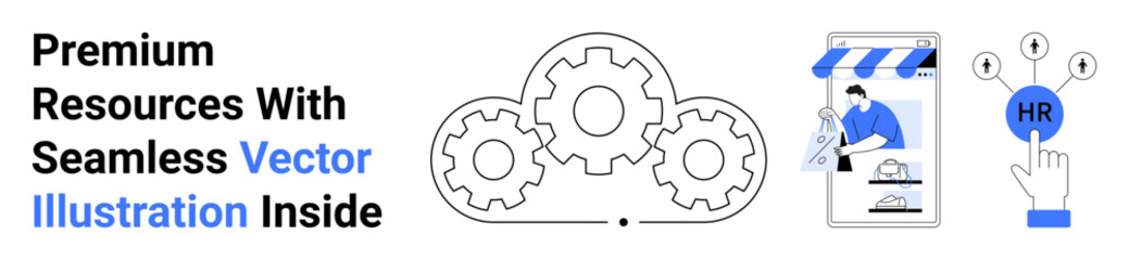 Interlocking gears, E-commerce storefront with a customer, interactive HR interface. Ideal for teamwork, workflow, online business, recruitment, innovation, digital solutions flat landing page