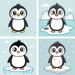 Cute Penguins on Ice with Snow and Fish