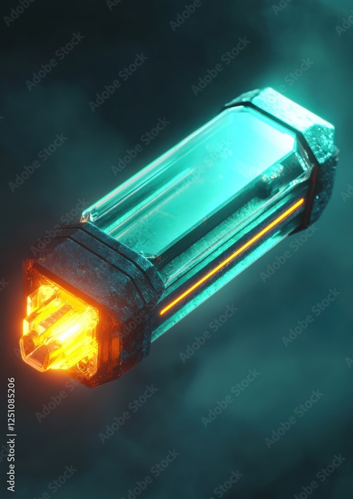 Poster close-up of a futuristic-looking flashlight. the flashlight has a cylindrical shape with a pointed e