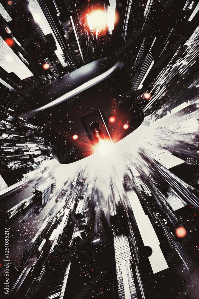 Poster exploring the intersection of technology and urban landscapes: a futuristic vision captured in explo