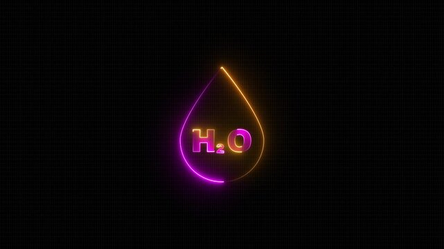 Glowing Neon Falling Water Drops Isolated on Black Background. Water drop neon, H2O text and water drop Super slow motion of dripping water drop filmed with macro lens