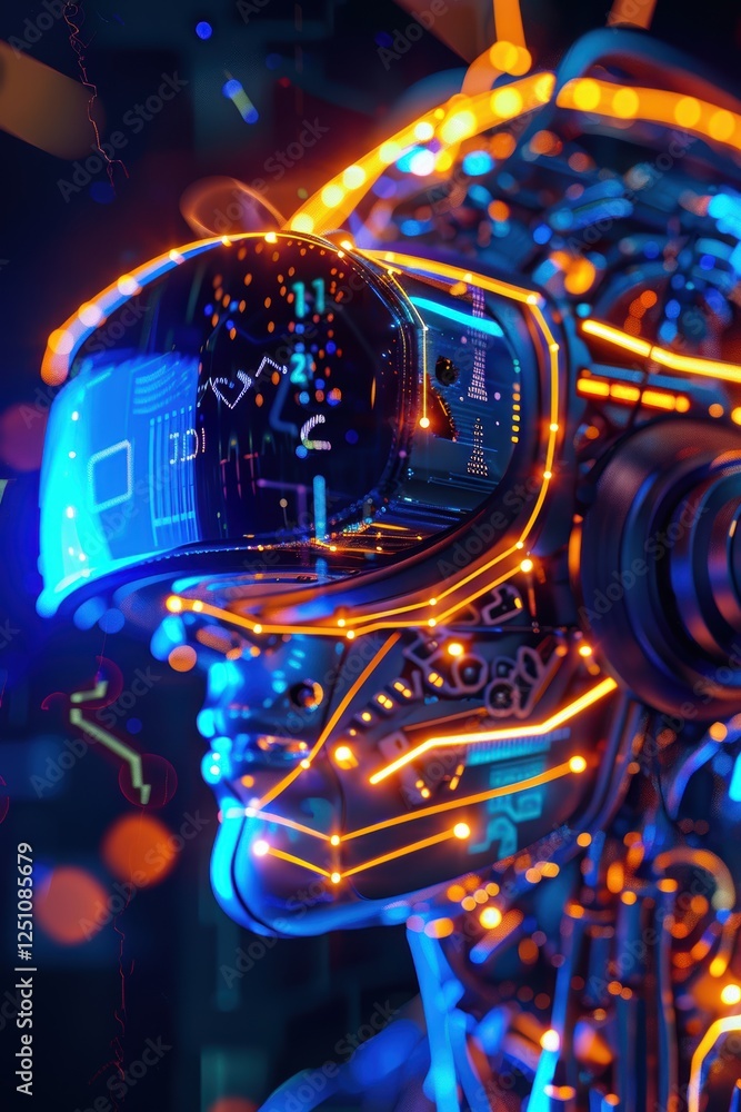 Poster futuristic neural interface and vr headset with glowing data flow design for technology concept