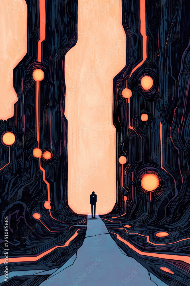 Poster exploring the depths of solitude: a journey through abstract realms of light and shadow, evoking con