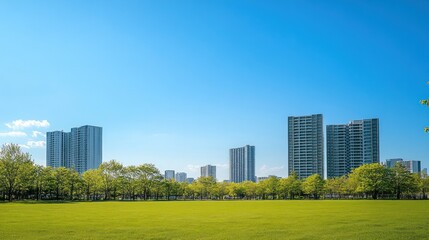 City park green grass sunny day skyscrapers background