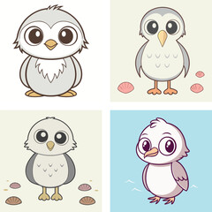 Cartoon Owl, seagulls and puffins with Seashells, Whimsical with Seashells Illustration
