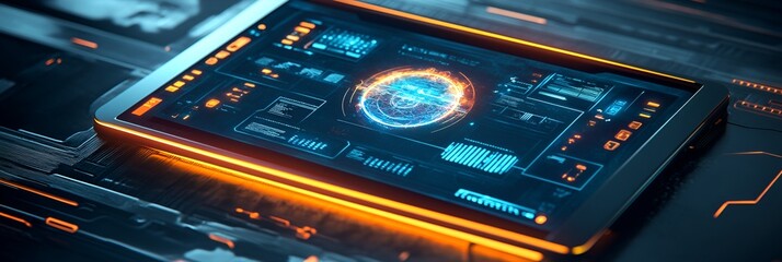 Obraz premium Digital tablet with a holographic display showing 3D graphics and a glowing futuristic interface