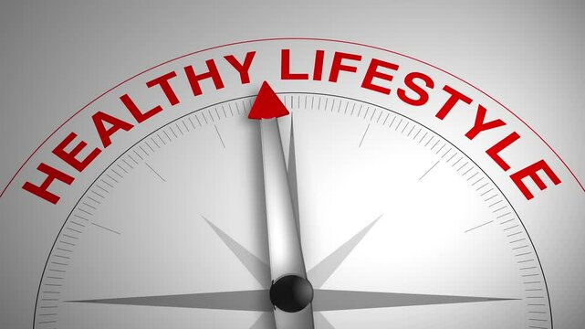 Healthy Lifestyle text or word with a gauge arrow on a compass, representing guidance and direction on a clean white background. Ideal for business, coaching, consulting, and concept