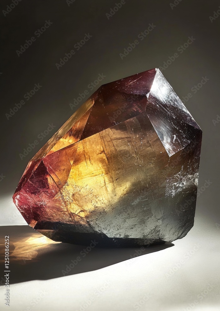 Poster photograph of a large, faceted crystal. the crystal appears to be made of a shiny, metallic material