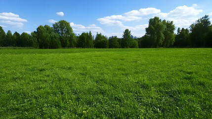 Obraz premium Lush green meadow landscape with trees in the background. Perfect for nature, summer, and peaceful outdoor scenic views