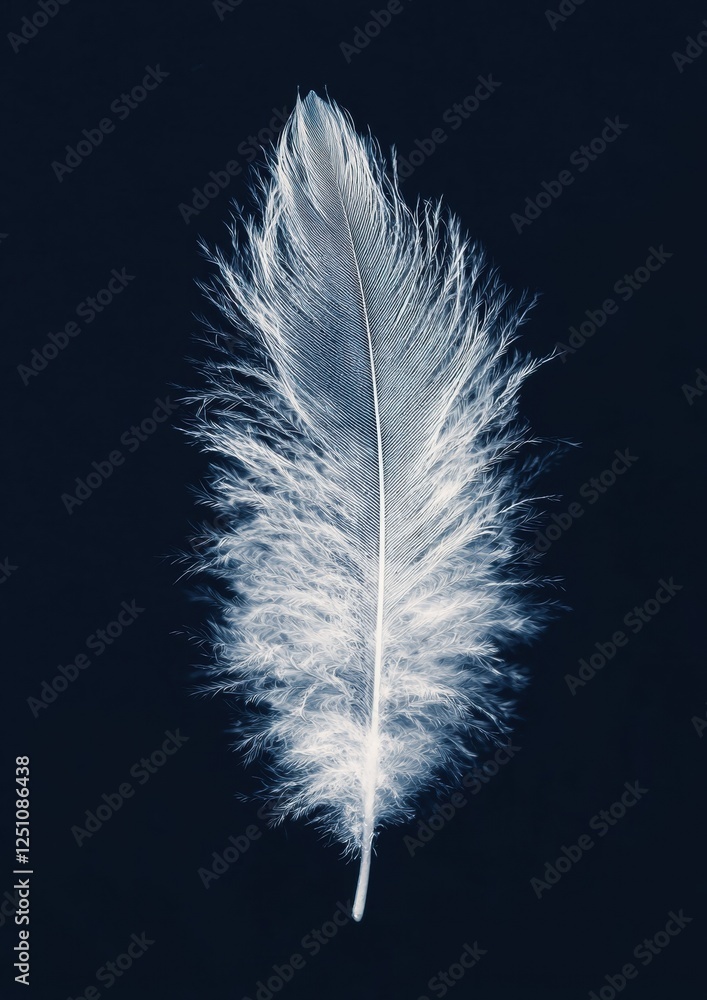 Poster photograph of a single feather on a dark blue background. the feather is in the center of the image 