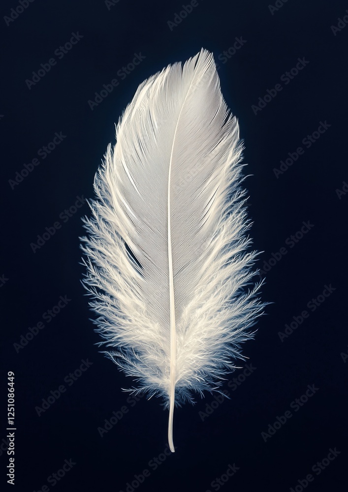 Poster photograph of a single white feather on a dark blue background. the feather is in the center of the 