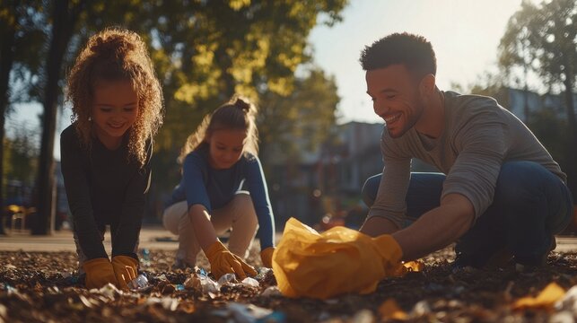 A man and two children are picking up trash in a park. Generative AI - Powered by Adobe