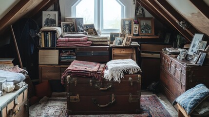A room with a sloped ceiling, wooden beams, and a large window.