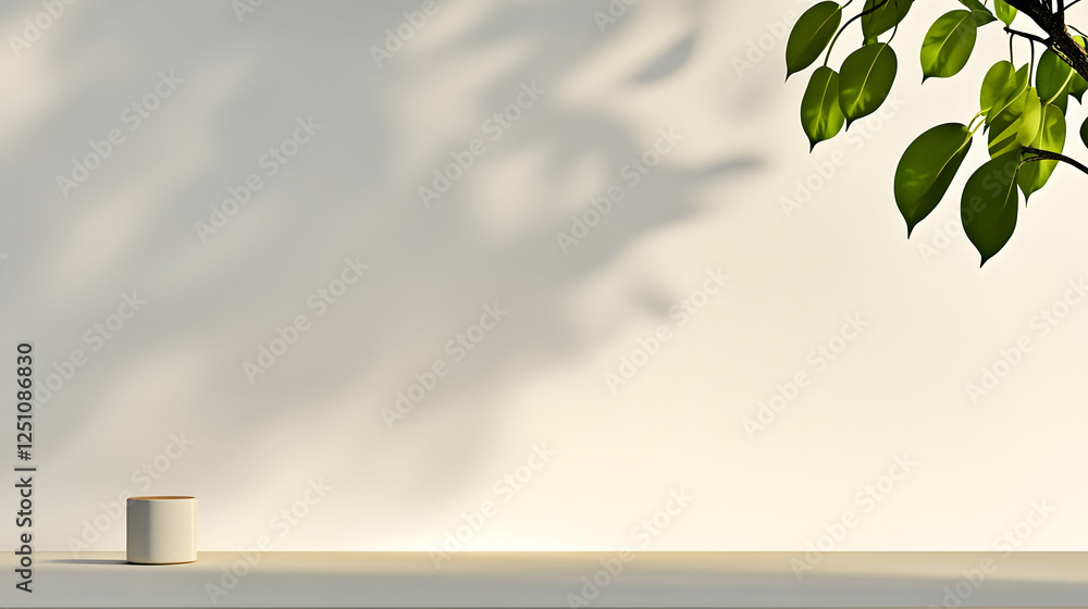 Poster mockup scene product placement on table with branch of leaves and shadow on wall. use for advertisin