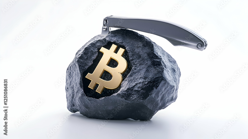 Poster mining bitcoin pickaxe striking stone revealing a golden bitcoin symbol. metaphor for cryptocurrency
