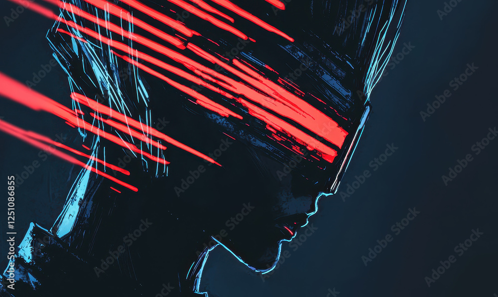 Poster embrace the mysterious aura: a striking digital portrait of a futuristic guardian enveloped in symbo