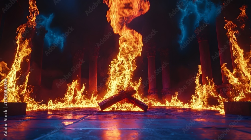Poster dramatic and intense scene of a raging fiery inferno with roaring flames of scorching heat energy an