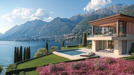 Fototapeta premium Luxurious lakeside villa with stunning mountain views and vibrant gardens