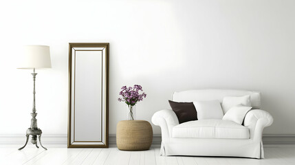 Modern room setup with mirror, chair, flowers, and lamp against a plain wall background used for interior design inspiration