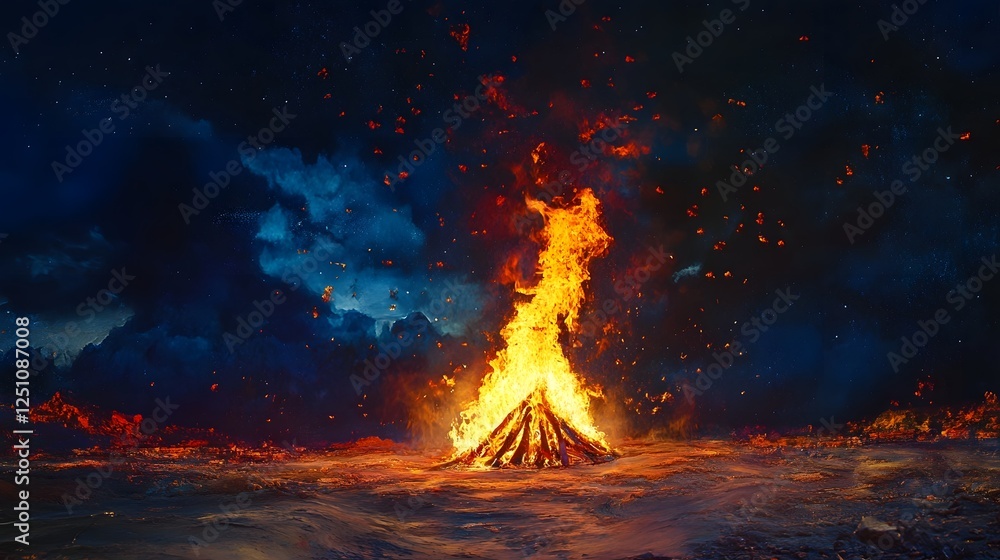 Poster dramatic and intense volcanic eruption scene with bursts of fiery lava scorching flames and billowin