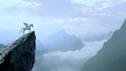 Mythical white winged horse stands on mountain peak surveying misty valley. For fantasy novel covers or adventure game ads