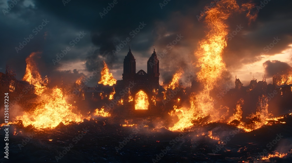 Poster dramatic apocalyptic scene of fiery destruction in a fantastical surreal landscape with buildings an