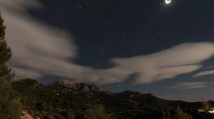 Night landscape with mountains, starry sky, and a crescent moon; perfect for backgrounds or representing tranquility
