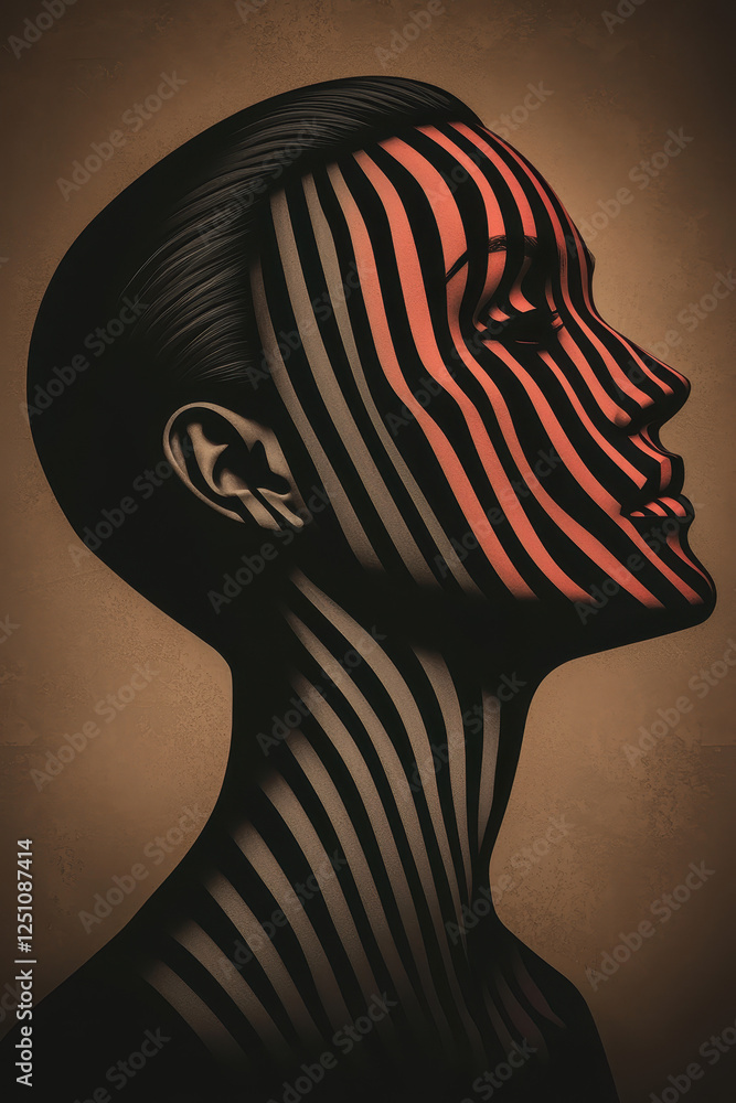 Poster exploring striking portraits: an abstract representation of lines and shadows on a face, combining f