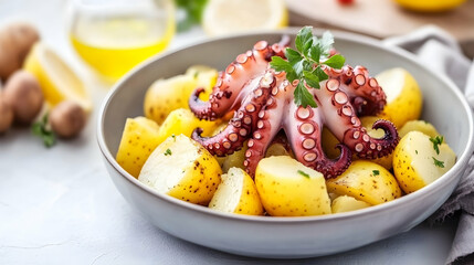 Octopus salad on potatoes in bowl. Healthy food, recipe ingredient. Kitchen setting background for menu, blog, cooking class use