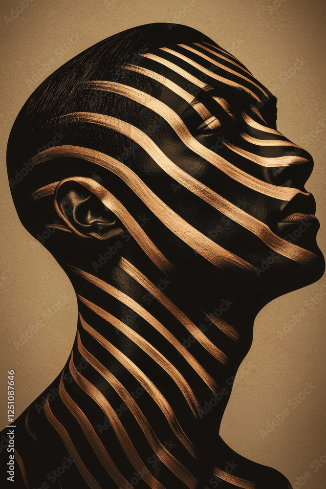 Poster exploring the intersection of art and identity: a striking portrait showcasing intricate lines and t