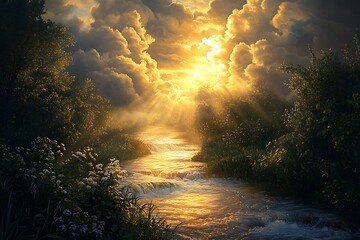 A flowing stream glowing under shafts light breaking through thick clouds