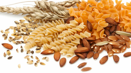 Pasta and almonds in close up on a white backdrop. Could be used for nutrition, recipes, or healthy eating blogs