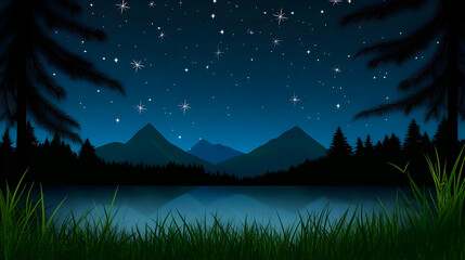 Peaceful night scene Mountains are reflected on a lake surface under a starlit sky, among trees for backgrounds, posters and illustrations