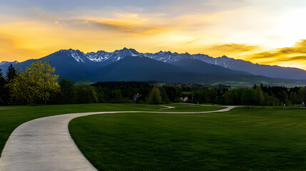 Path leads to mountains at sunset. Peaceful, inspirational, outdoor, natural scene. Ideal travel, nature, or aspirational themes