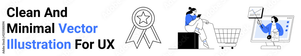 Poster ribbon badge, seated shopper using a device near a cart, professional pointing to screen with charts