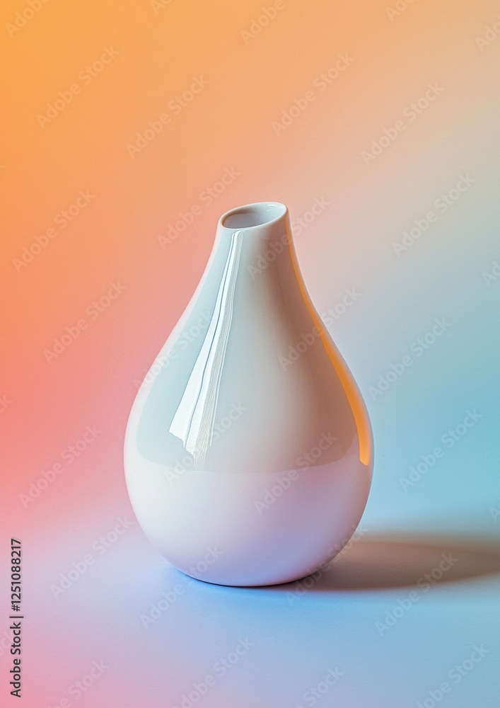 Poster photograph of a white vase on a gradient background. the vase is in the shape of a teardrop with a n
